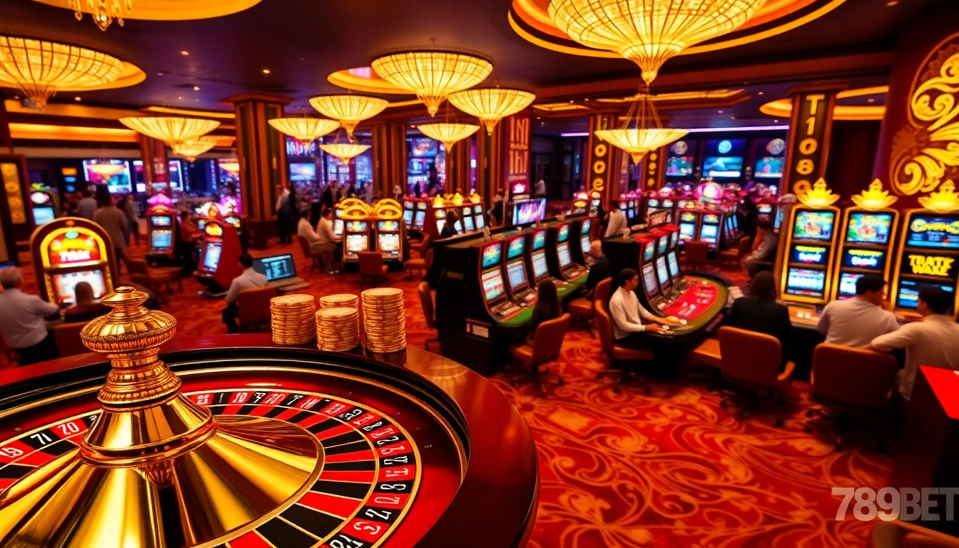 Exciting gambling experience at 789 BET featuring roulette, poker chips, and slot machines