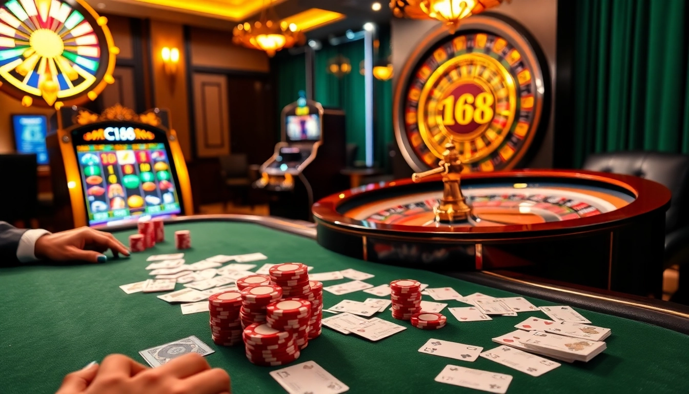 Experience the upscale gaming environment at C168 with elegant poker tables and vibrant slot machines.