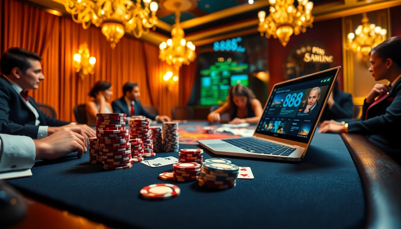 Experience the thrill of 888b đăng nhập with a luxurious poker table setup featuring vibrant poker chips and cards.