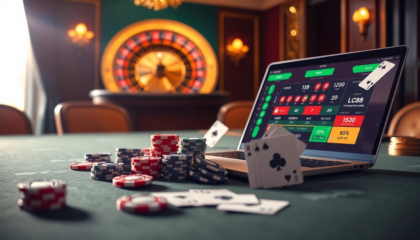 Exciting scene showcasing lc88 bet with luxurious casino elements, including a poker table and live betting interface.