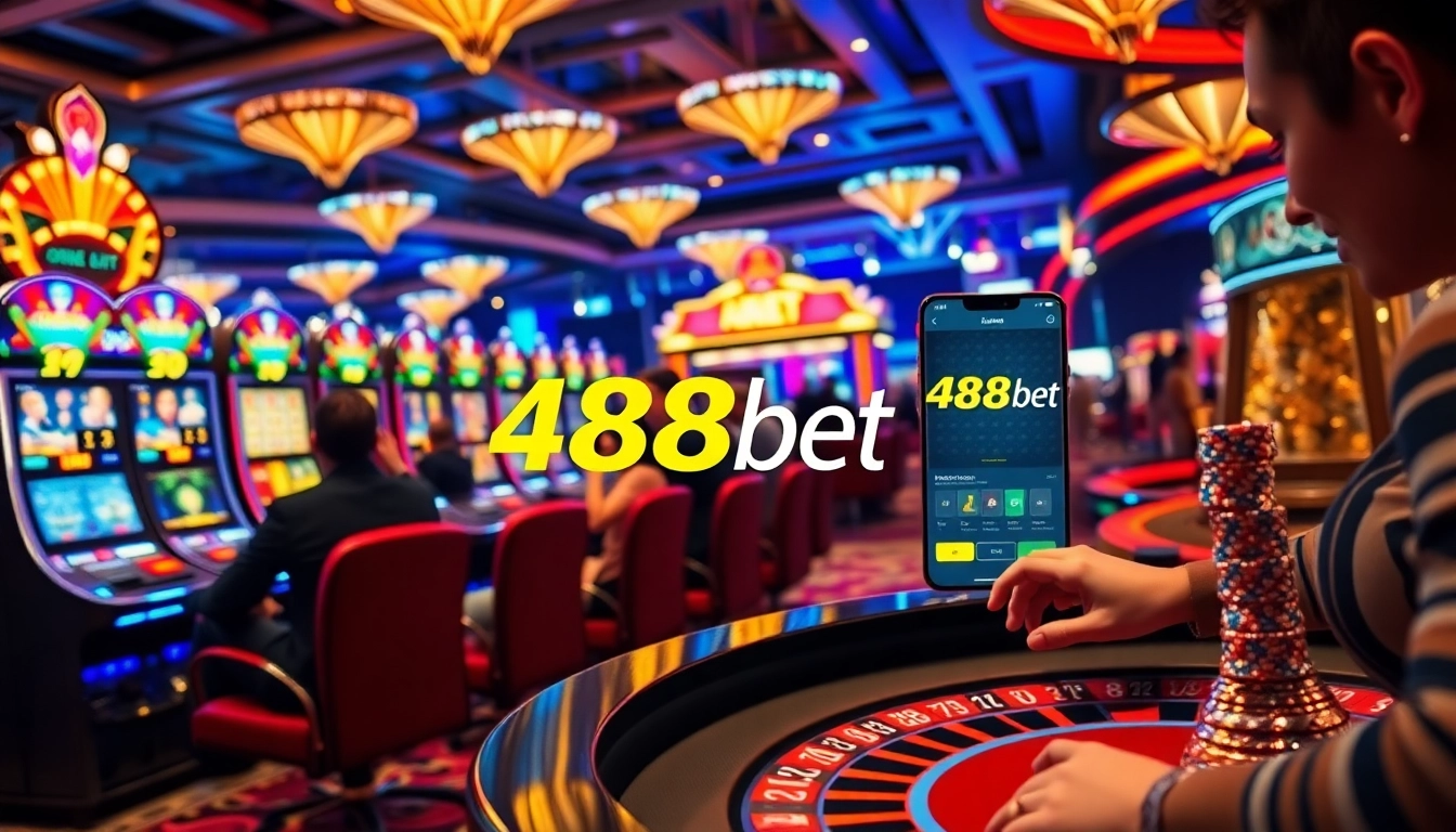 Vive la emoción de 488bet con juegos de casino vibrantes y jugadores participando en una mesa de ruleta.