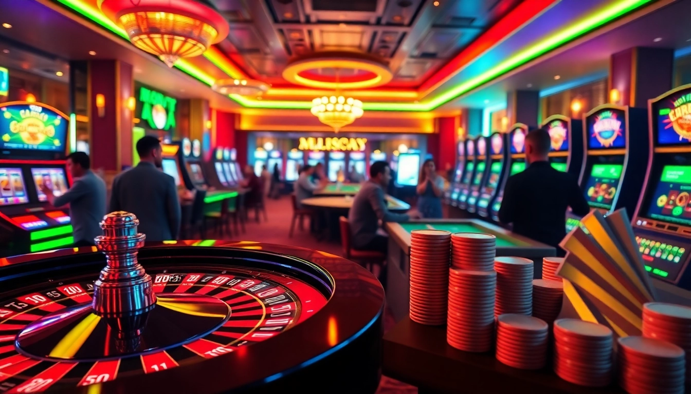 Joueurs gagnant dans un crypto casino animé avec des jeux lumineux et une ambiance captivante.