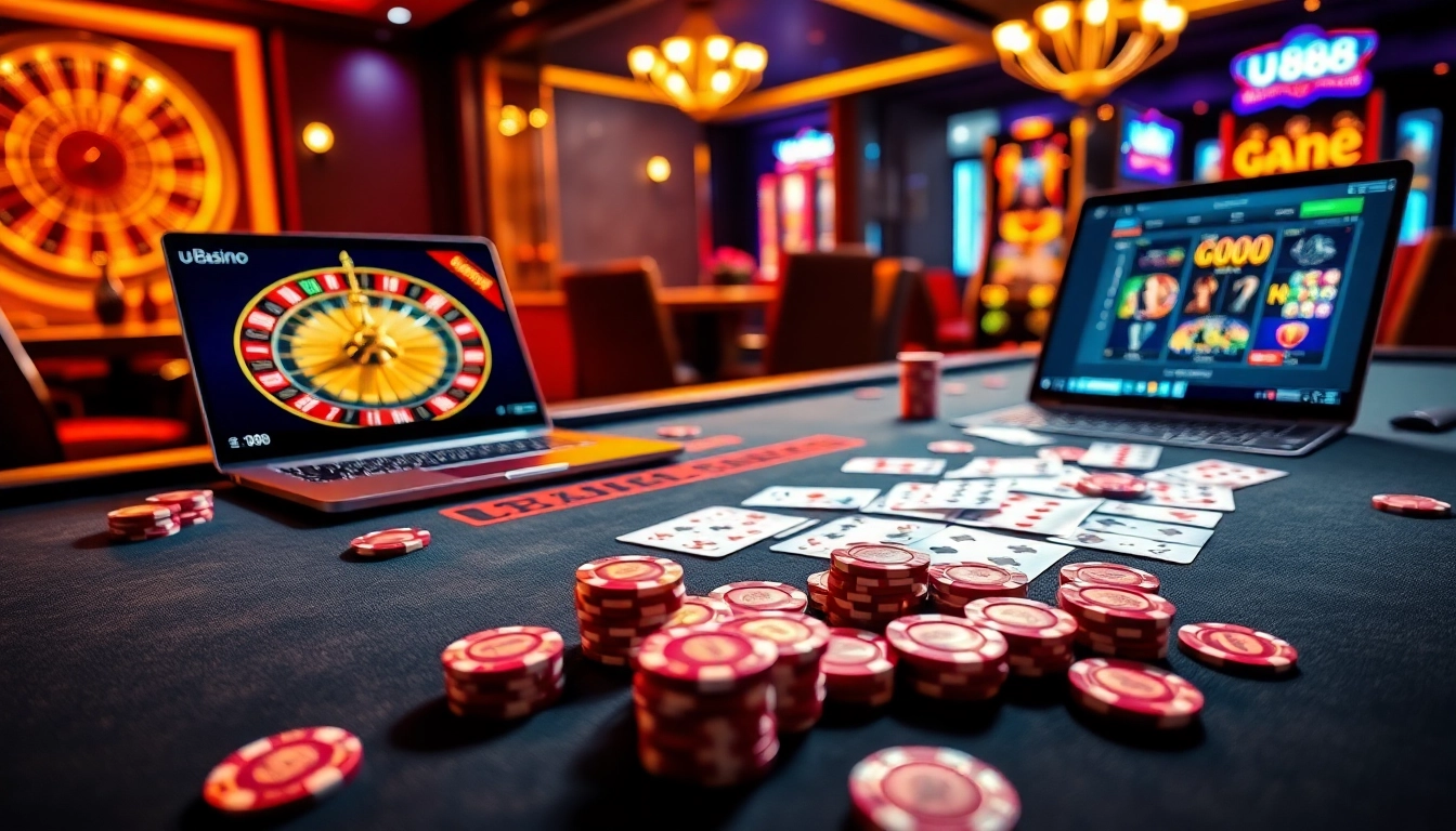 Experience the thrill of online gambling at u 888 with poker chips, cards, and a roulette wheel.