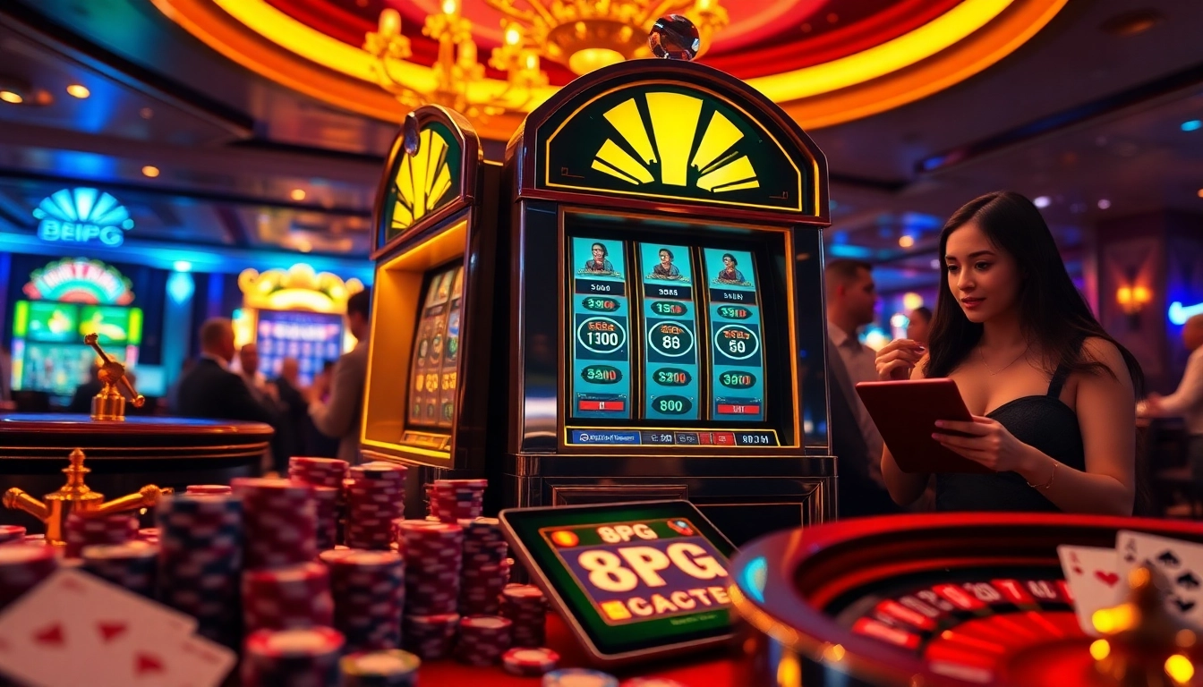 Máquina tragamonedas 8PG rodeada de fichas de póker y cartas en una escena de casino vibrante, que transmite emoción y lujo.
