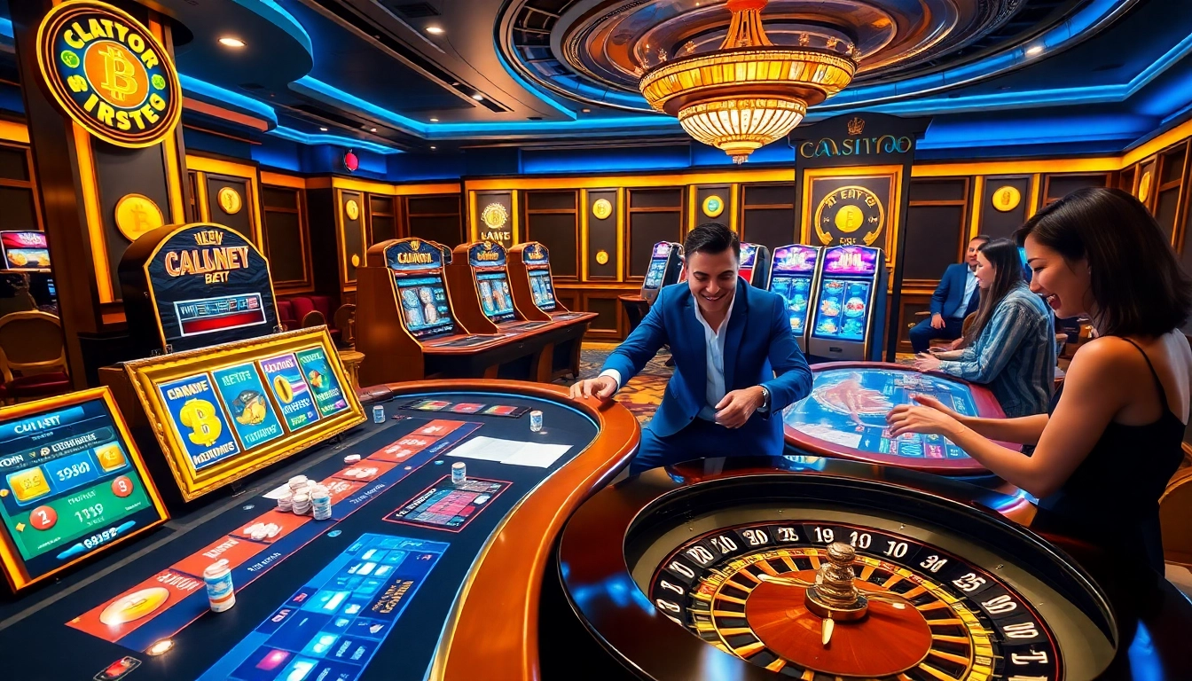 Des joueurs participant à des jeux palpitants dans un casino de luxe en crypto, entourés de machines à sous dynamiques et d'une technologie de pari interactive.