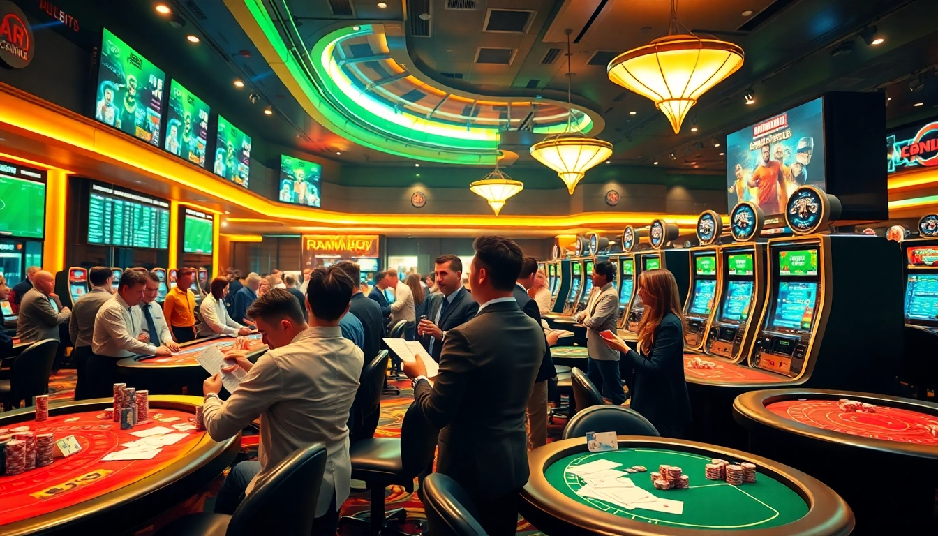 Tỷ lệ cá cược bóng đá on display at an exciting casino sportsbook with eager bettors.