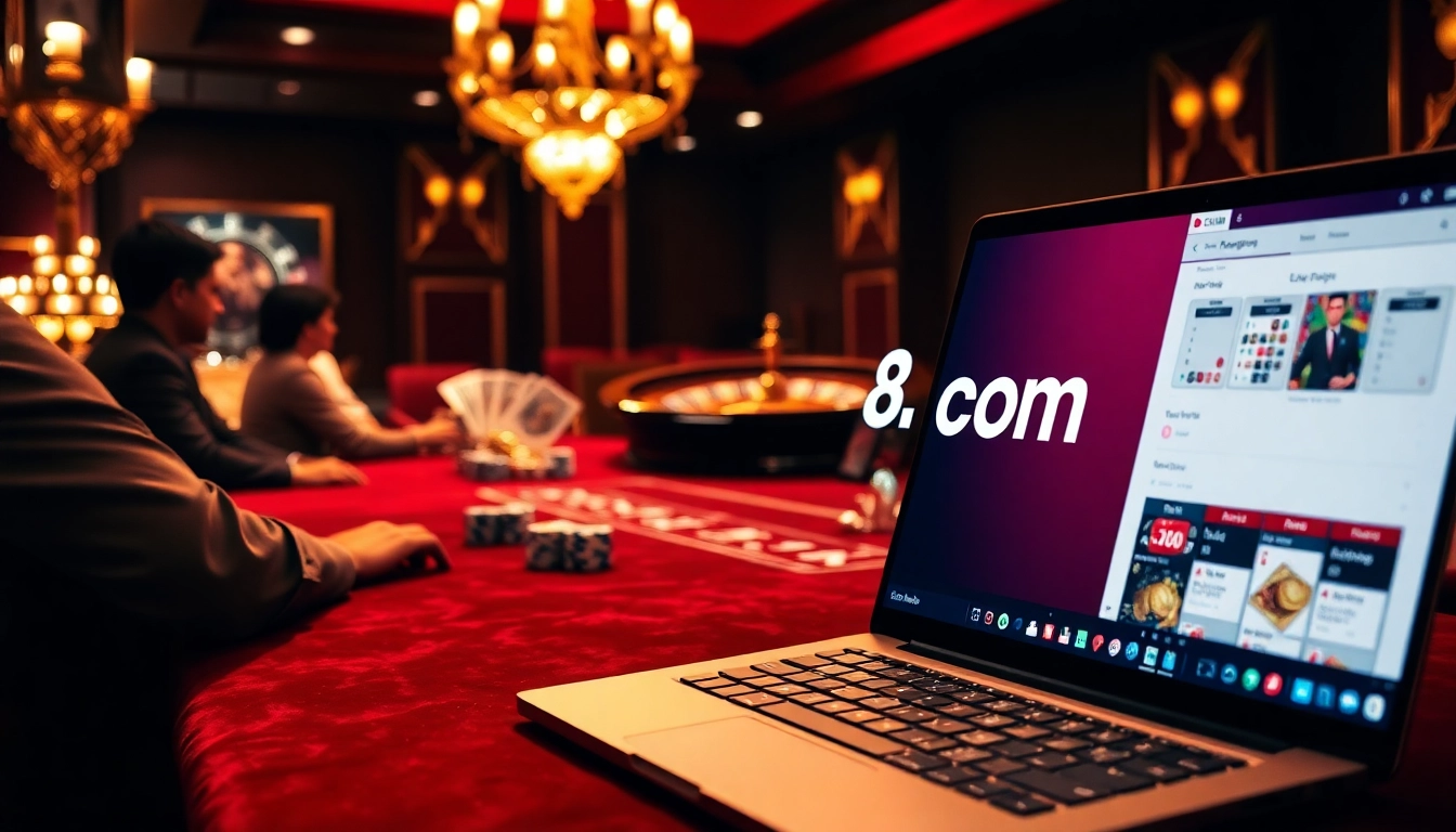 Players engaged in a thrilling poker game at a luxurious casino, showcasing s8.com on a laptop.