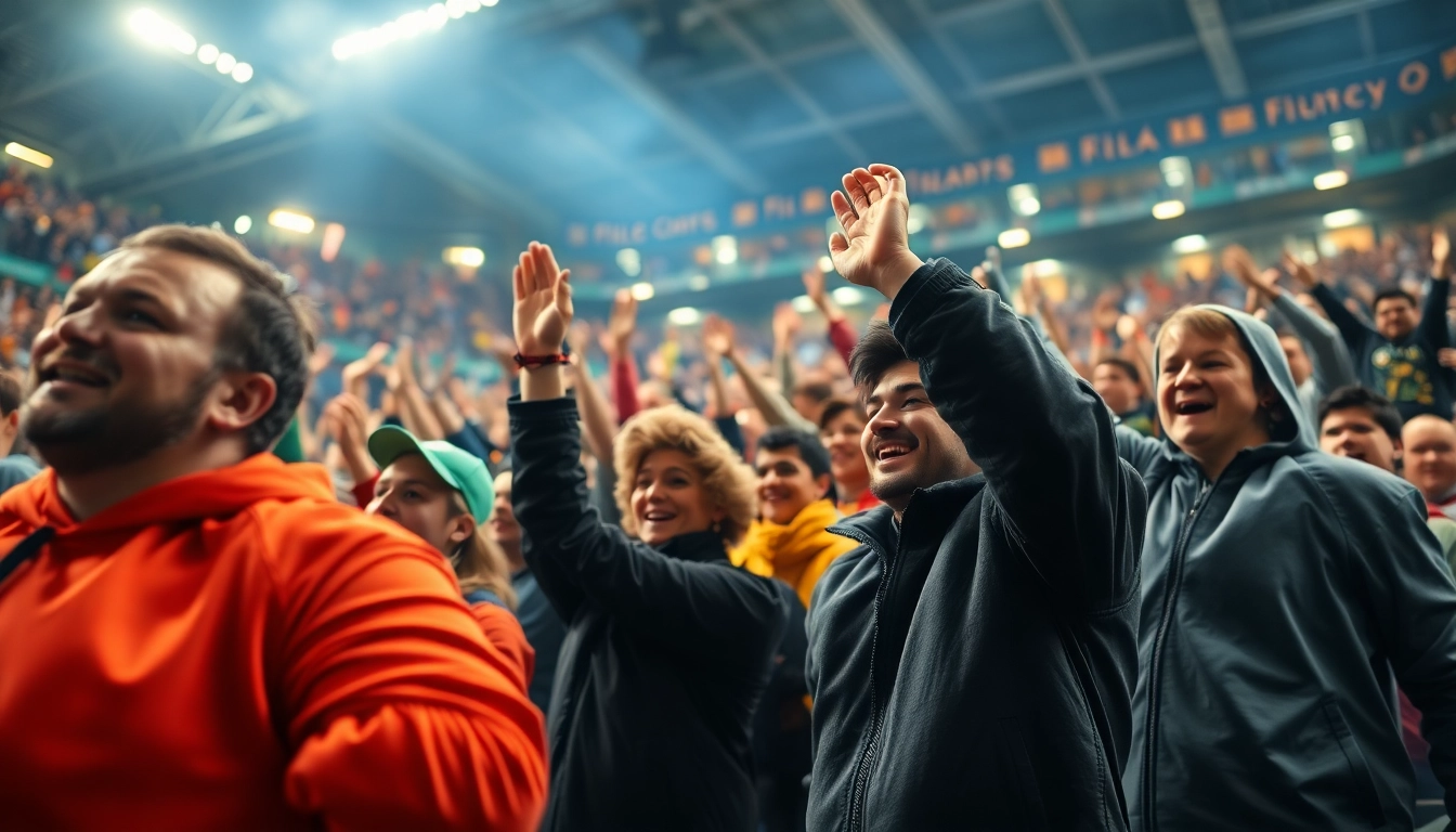 Pariez sur le site de paris sportifs avec des fans rassemblés dans une ambiance animée.