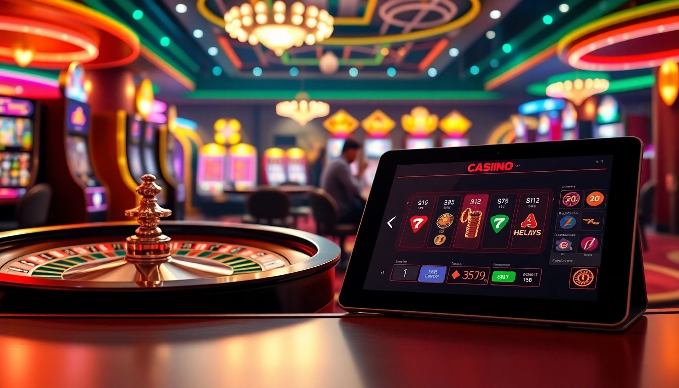 Vibrant gaming scene of a site casino en ligne 2026 with roulette wheel, poker chips, and digital interface