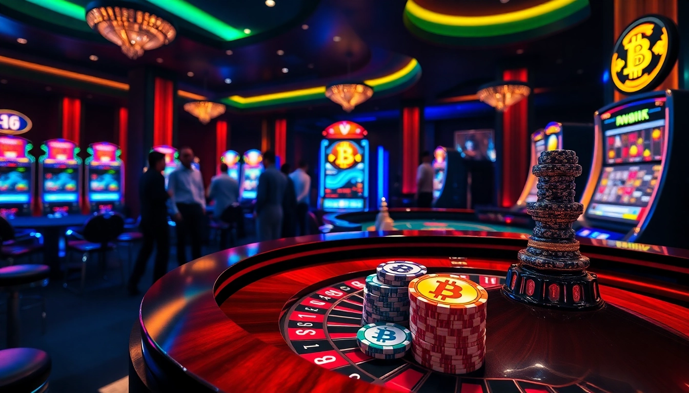 Engaging gaming atmosphere at a BTC casino with players at a roulette table and Bitcoin-themed poker chips.