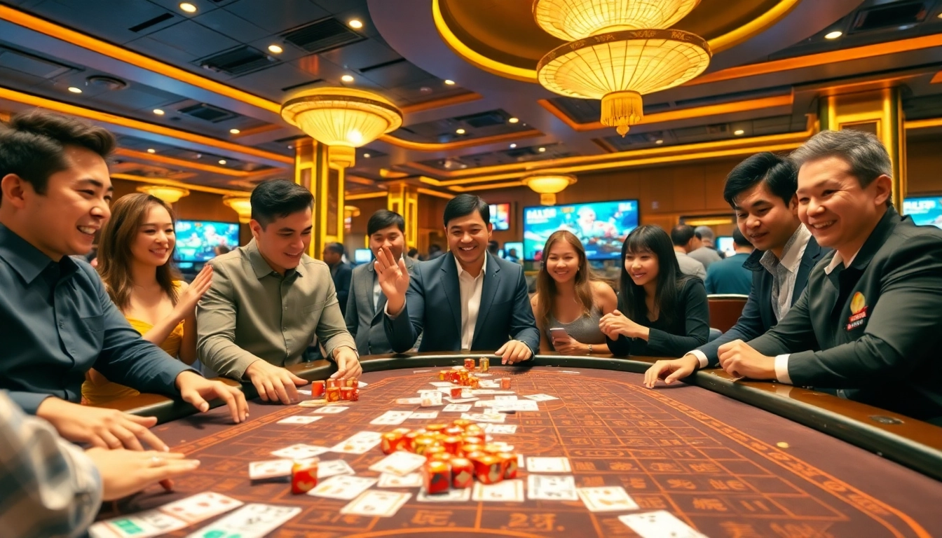 Tài xỉu online gameplay featuring an exciting casino table with colorful betting slips and dice.