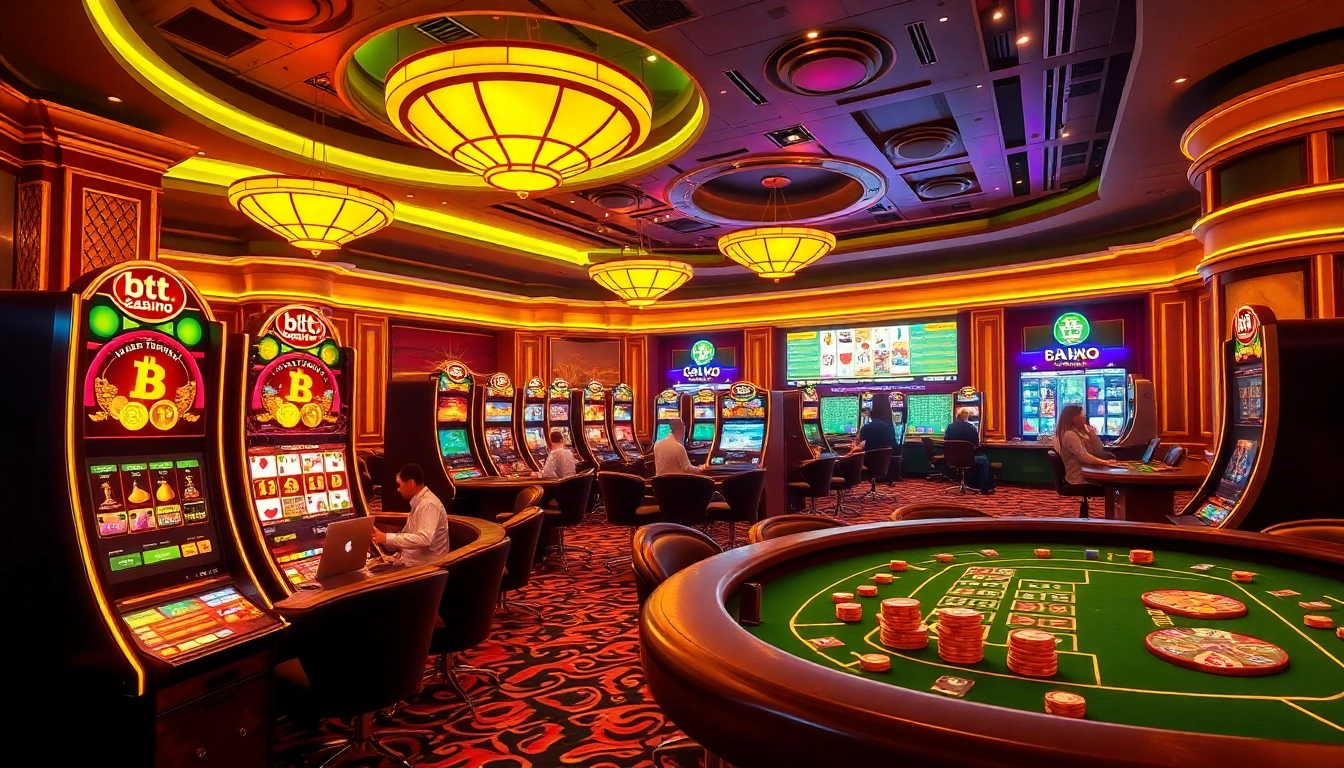 Engaging players at a btc casino with vibrant slot machines and poker tables in a luxurious setting.