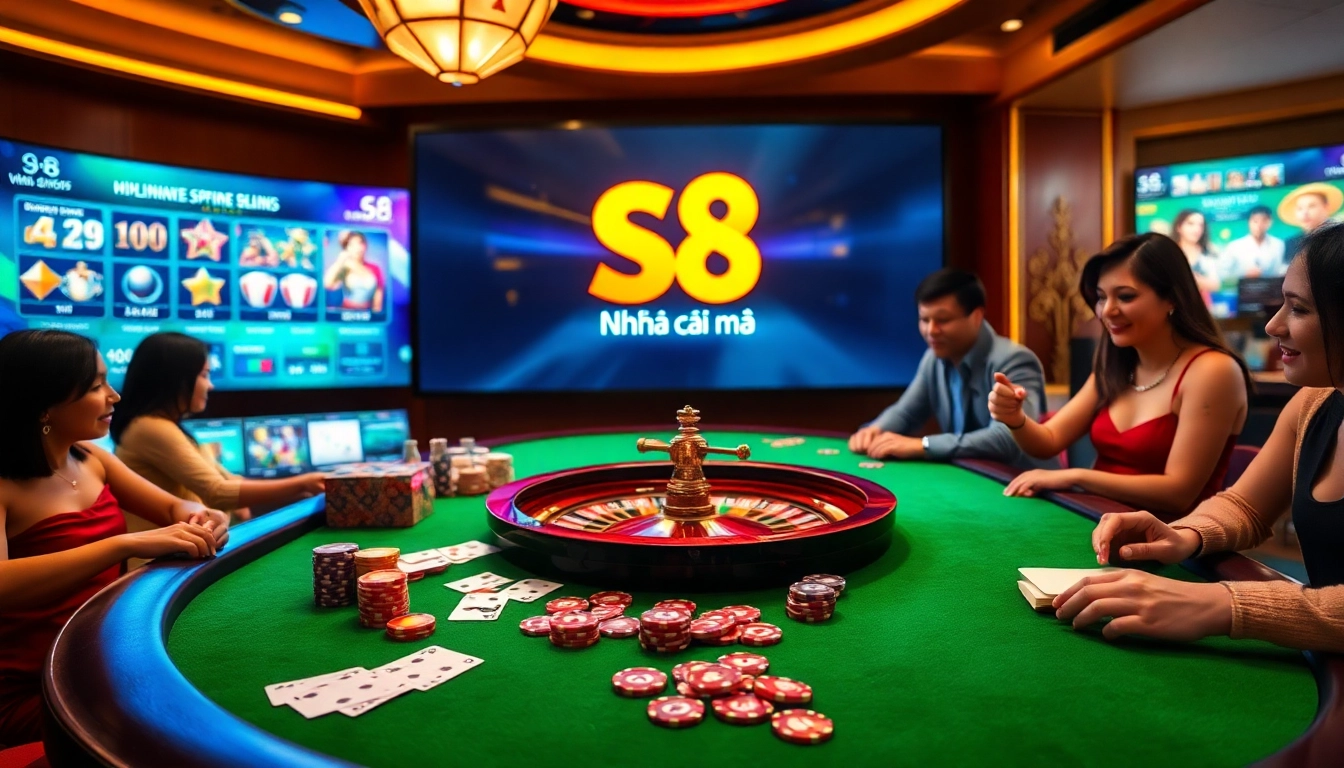 Exciting gaming atmosphere at Nhà cái S8 with poker chips and roulette wheel.