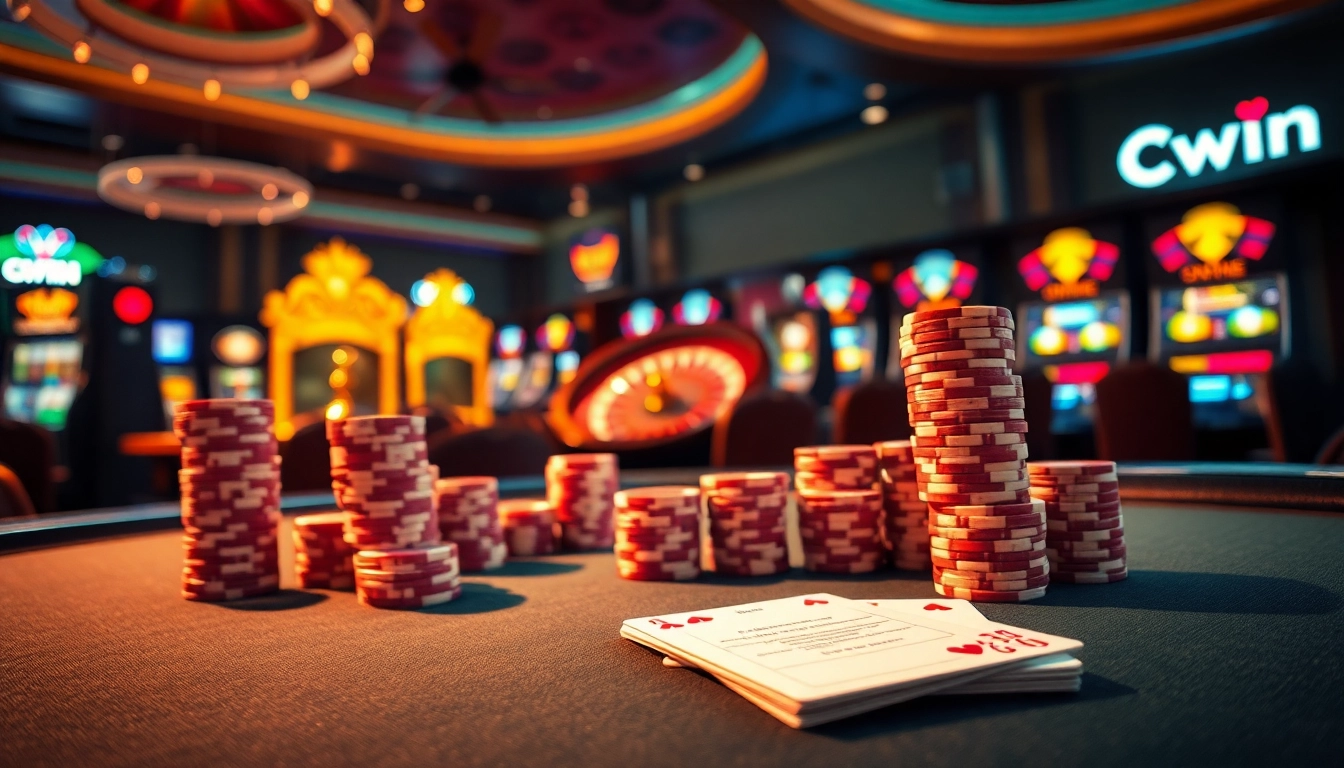 Cwin presents an exciting casino scene featuring a poker table filled with chips, illuminated by ambient light.