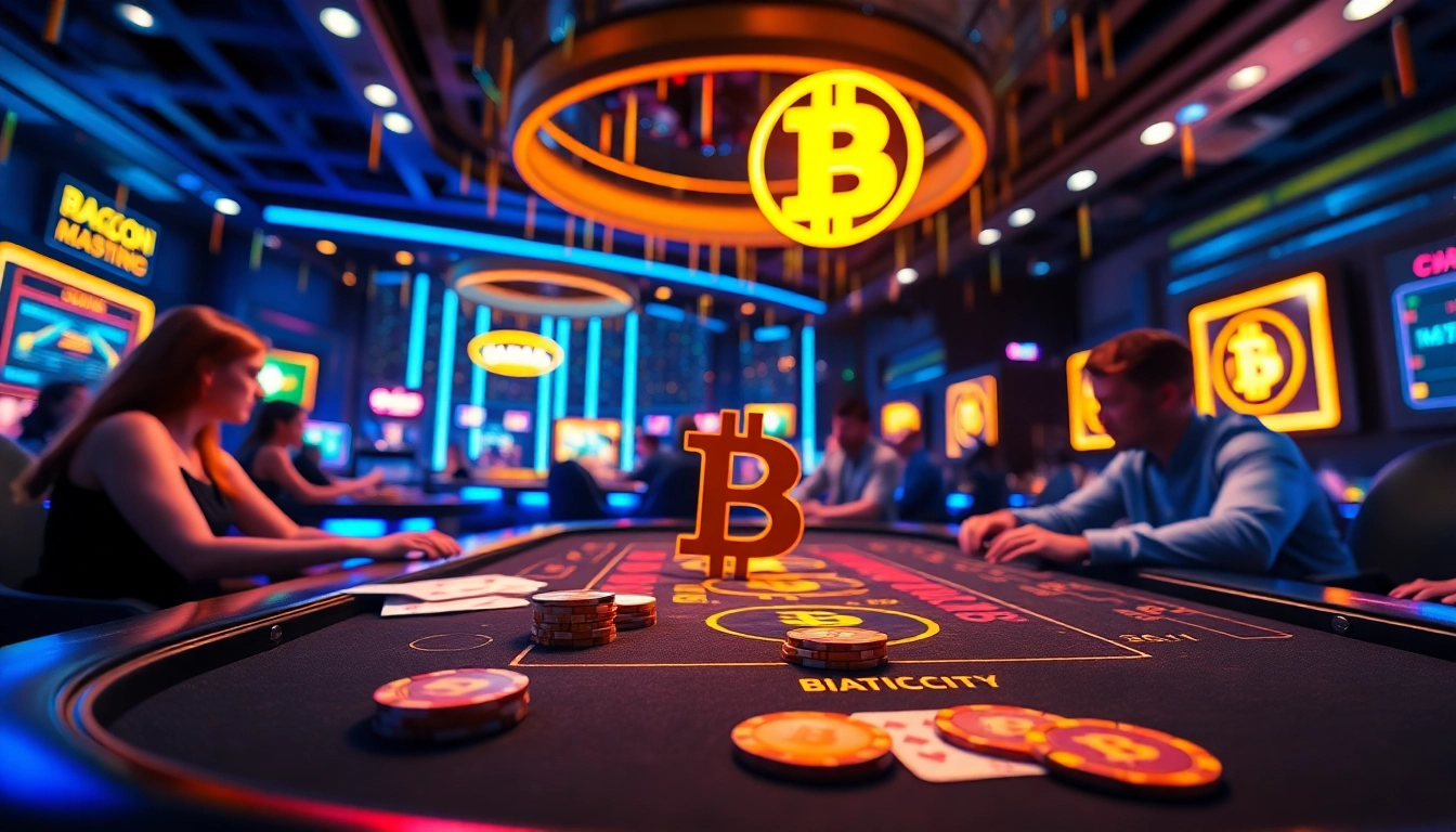 Jouer au Bitcoin casino dans un casino en ligne moderne avec des lumières vives et des jeux captivants.