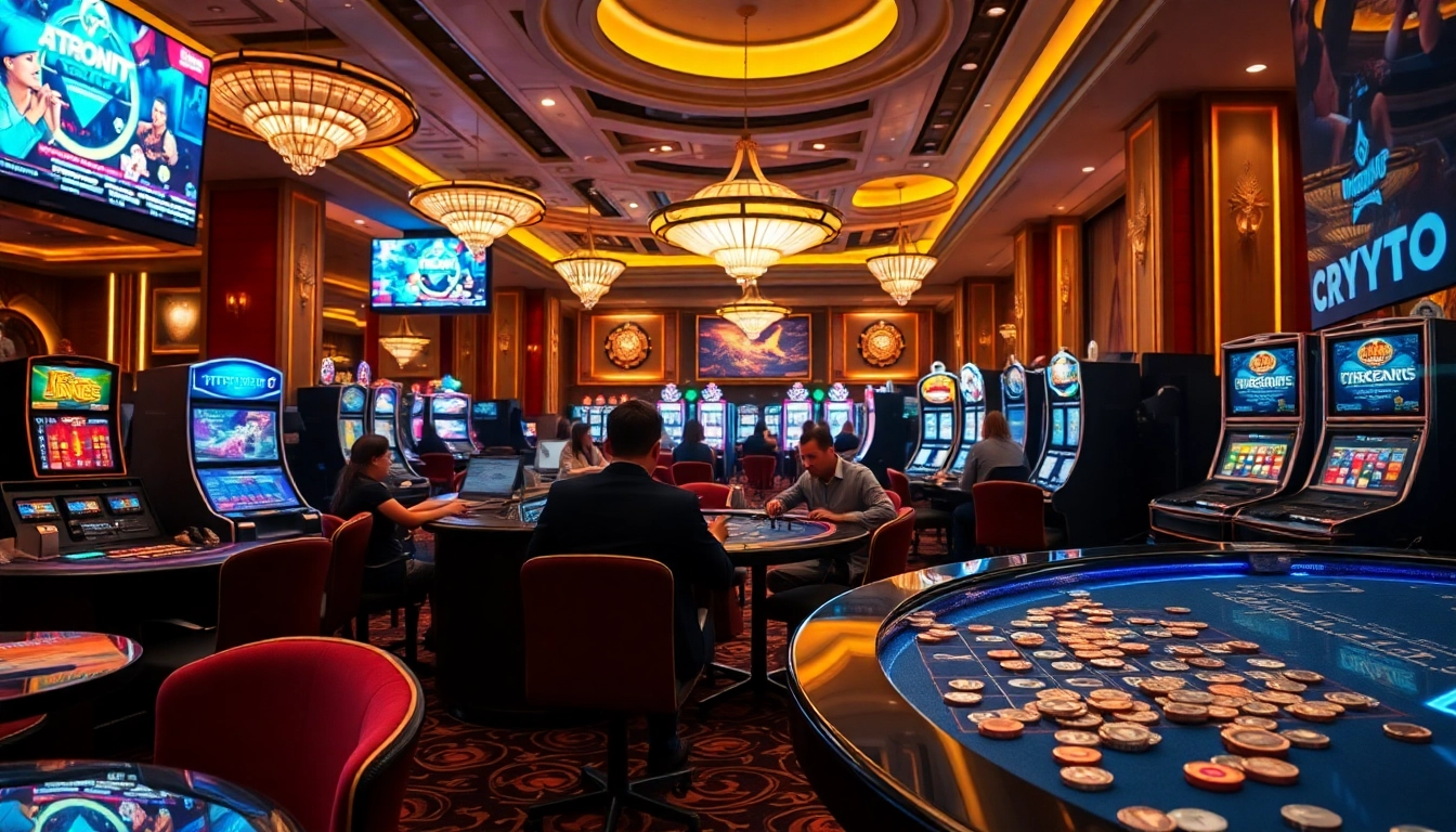 Joueurs s'amusant dans un crypto casino moderne avec des jeux de table et des machines à sous.