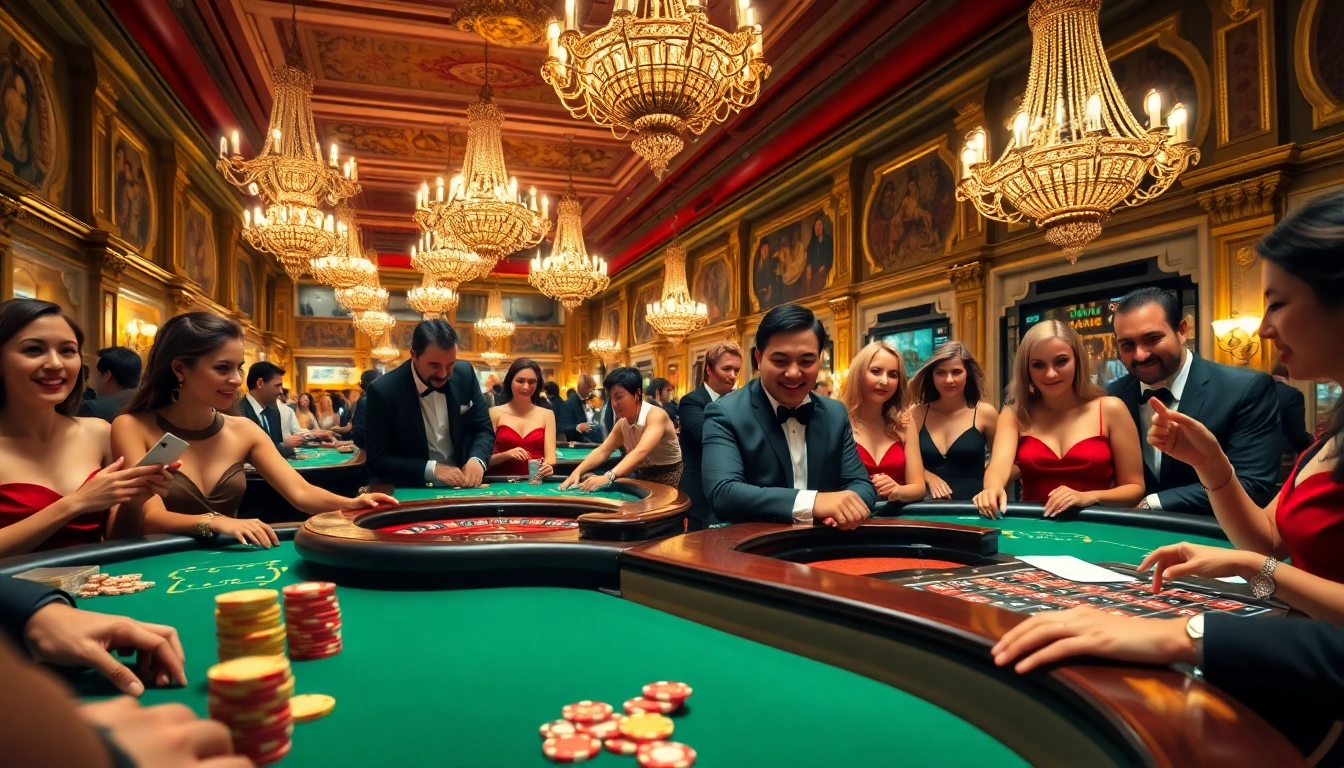 Joueurs au casino en ligne francais, profitant d'une ambiance électrisante et luxueuse.