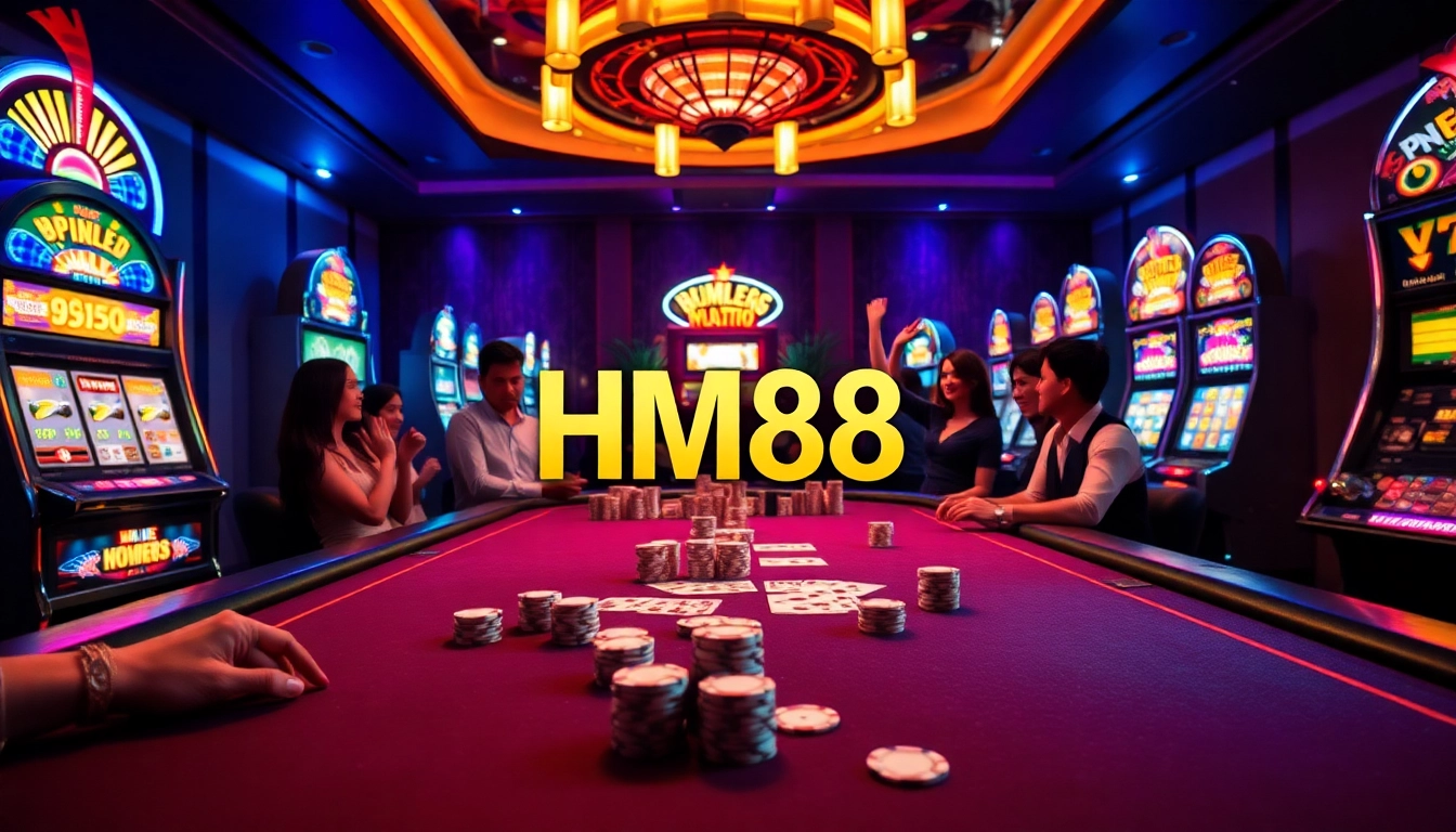 HM88 players celebrating their wins at a luxurious casino table with poker chips.