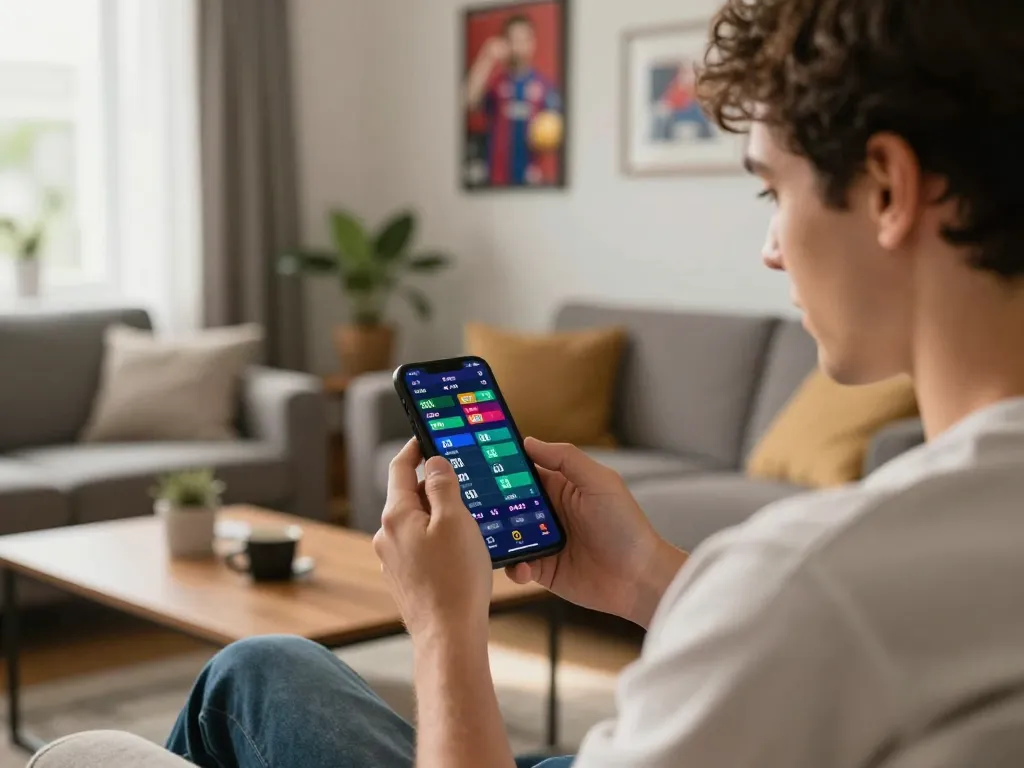 Engaging sports betting scene showcasing LC 88 as the enthusiast compares odds on their smartphone in a cozy setting.