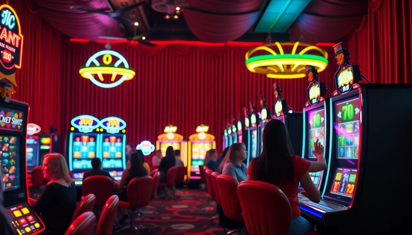 Jouer à casino en ligne argent réel avec des machines à sous colorées et des joueurs enthousiastes.