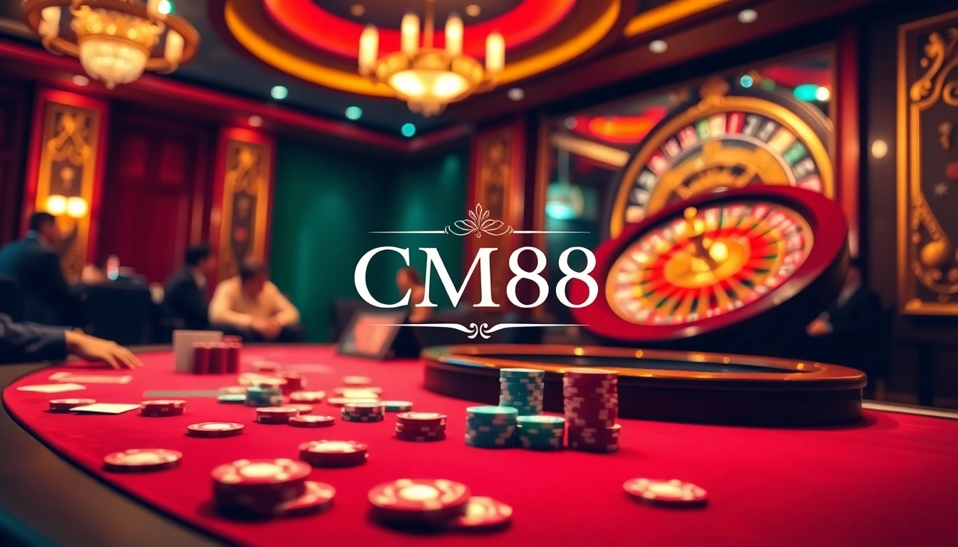 Exciting poker gameplay at a luxury casino table featuring CM88 branding.