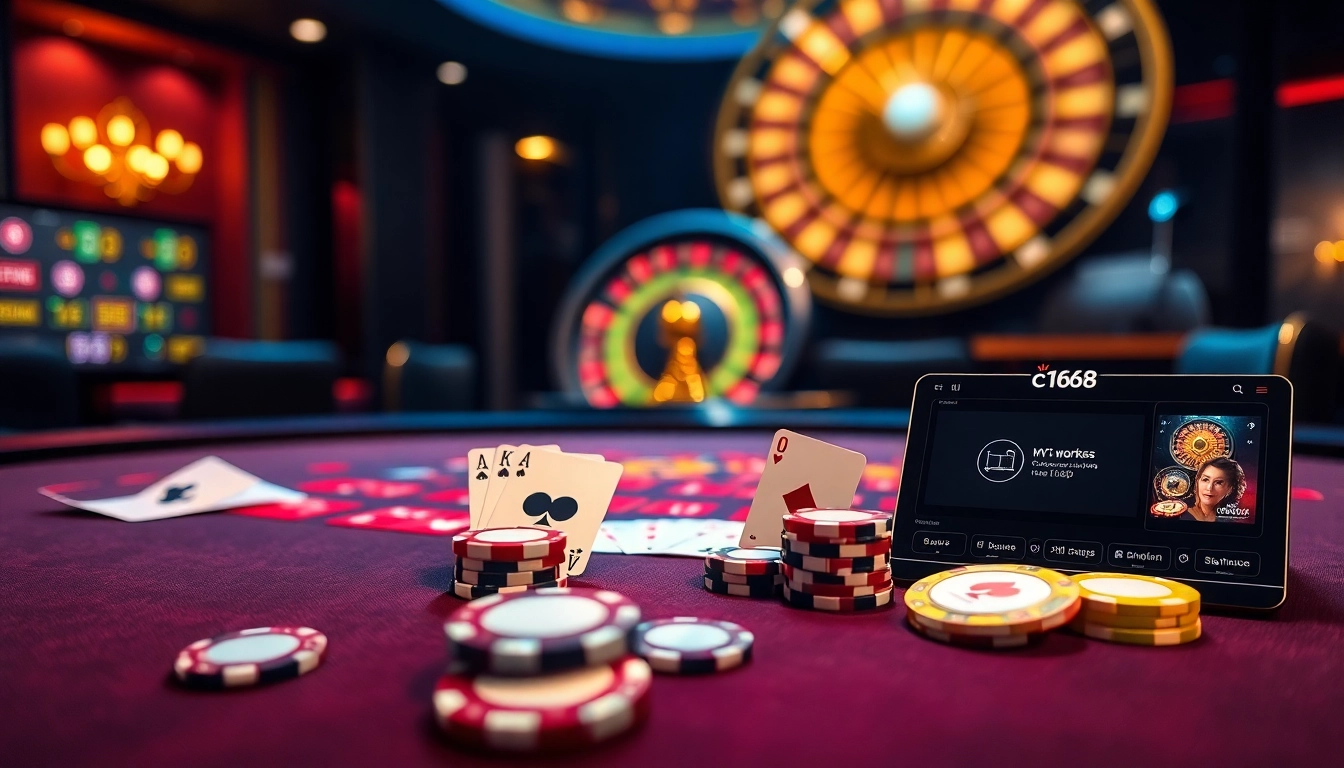 C168 works showcasing a vibrant casino scene with poker chips and a roulette wheel.