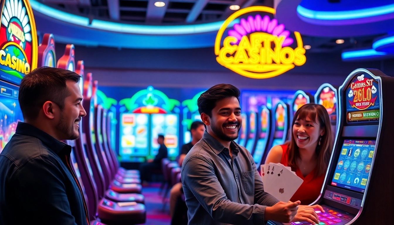 Joueurs dans un casino en ligne Français engageant avec des machines à sous et des jeux de cartes.