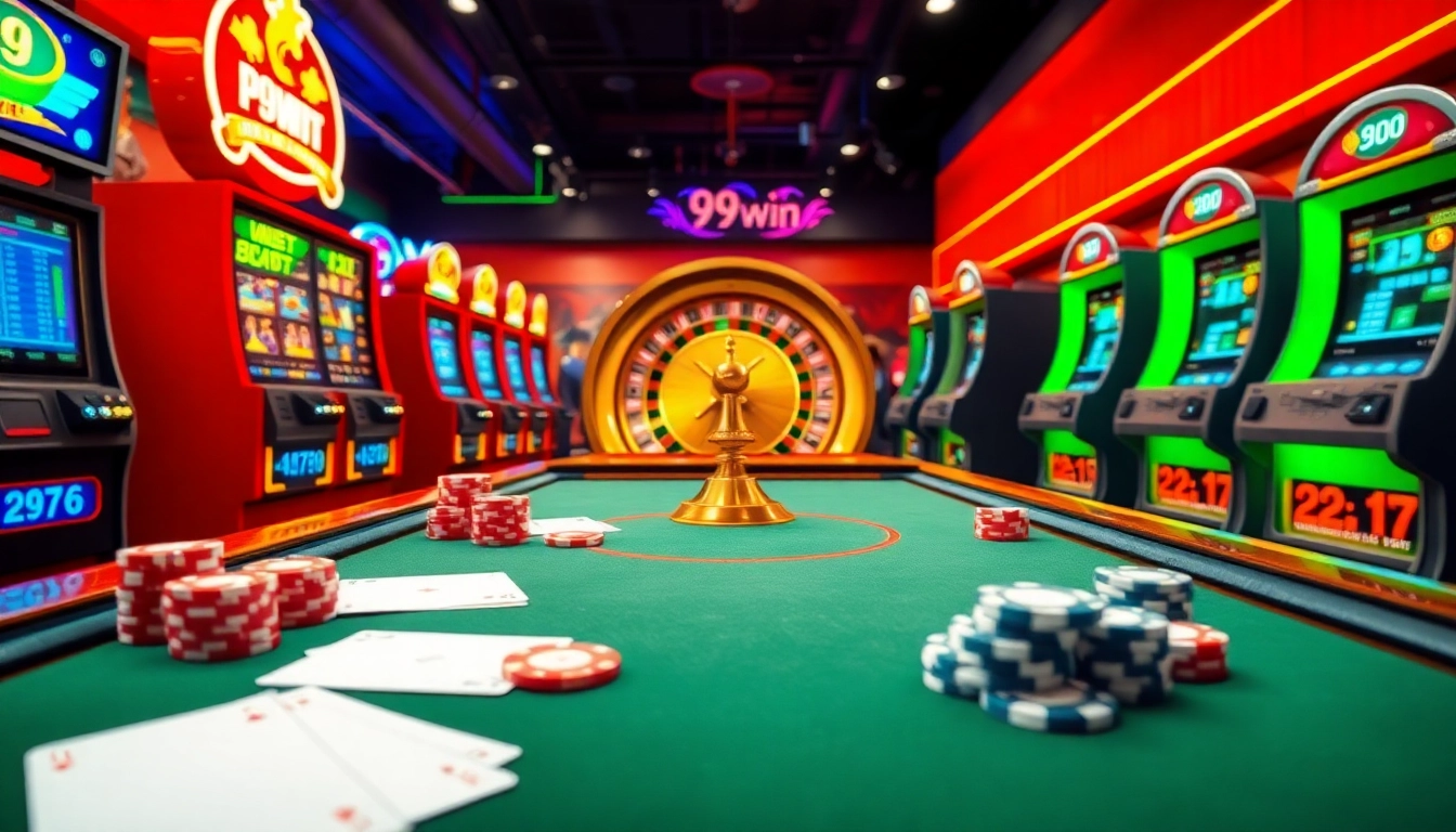 Engaging casino scene showcasing 99win's vibrant gambling interface with poker chips, roulette wheel, and colorful slot machines.