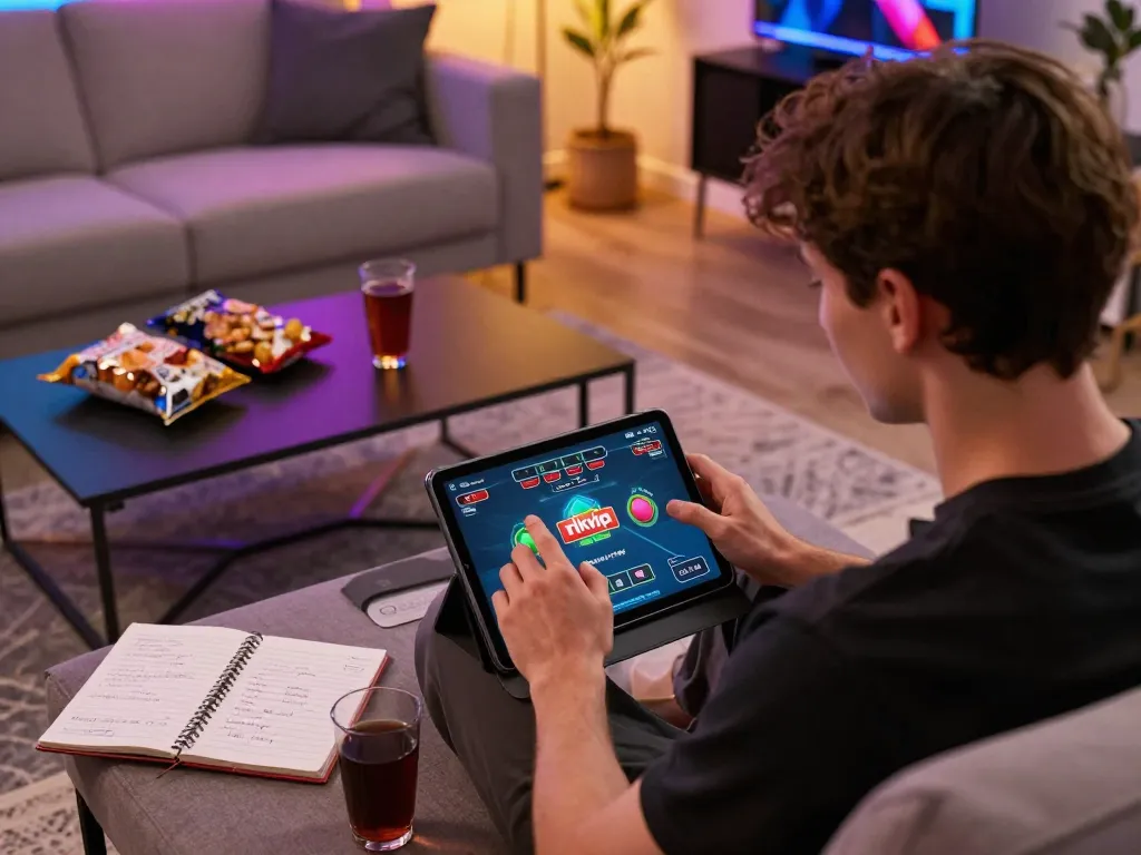 Engaging user playing rikvip on tablet in cozy home setup, showcasing online gaming atmosphere.