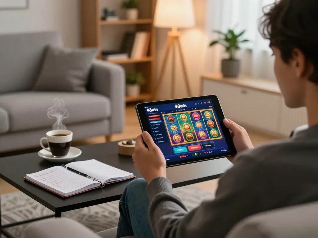 Player enjoying 98win online slots on a tablet, with strategies noted beside a cozy home setup.