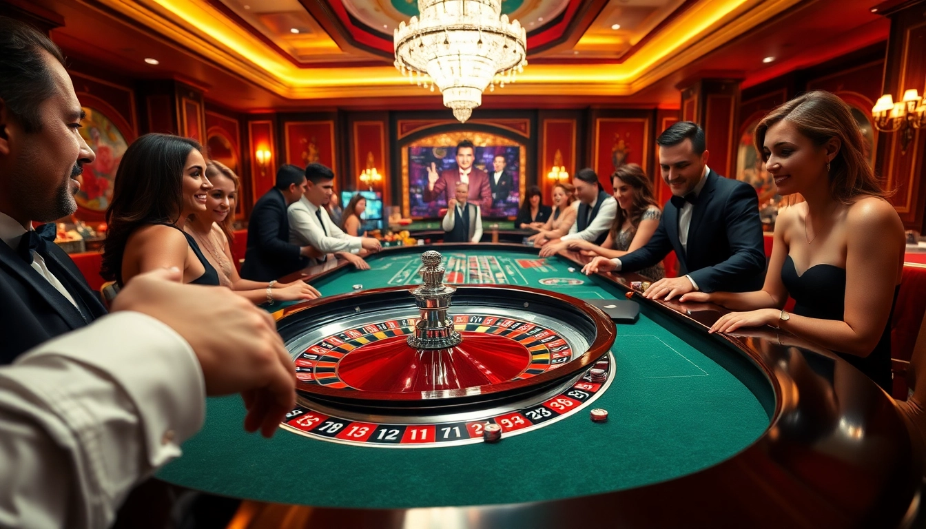 Jouer à un nouveau casino en ligne avec une atmosphère élégante et excitante autour de la roulette.