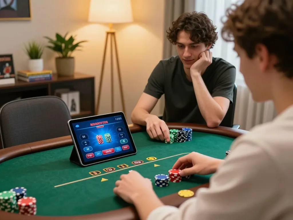 Player enjoying sunwin poker game on tablet at home, showcasing strategic gaming atmosphere.