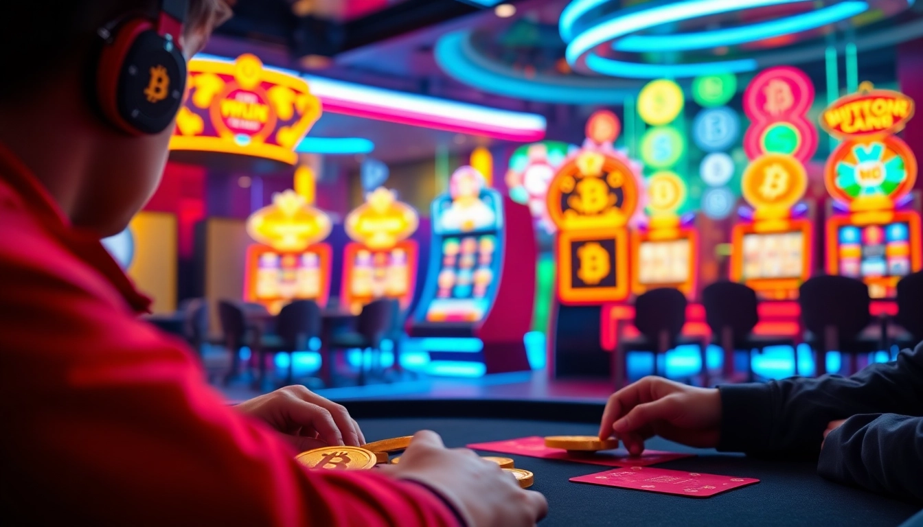 Jouer au casino crypto en ligne avec une expérience immersive remplie de lumières vives et de symboles bitcoin.