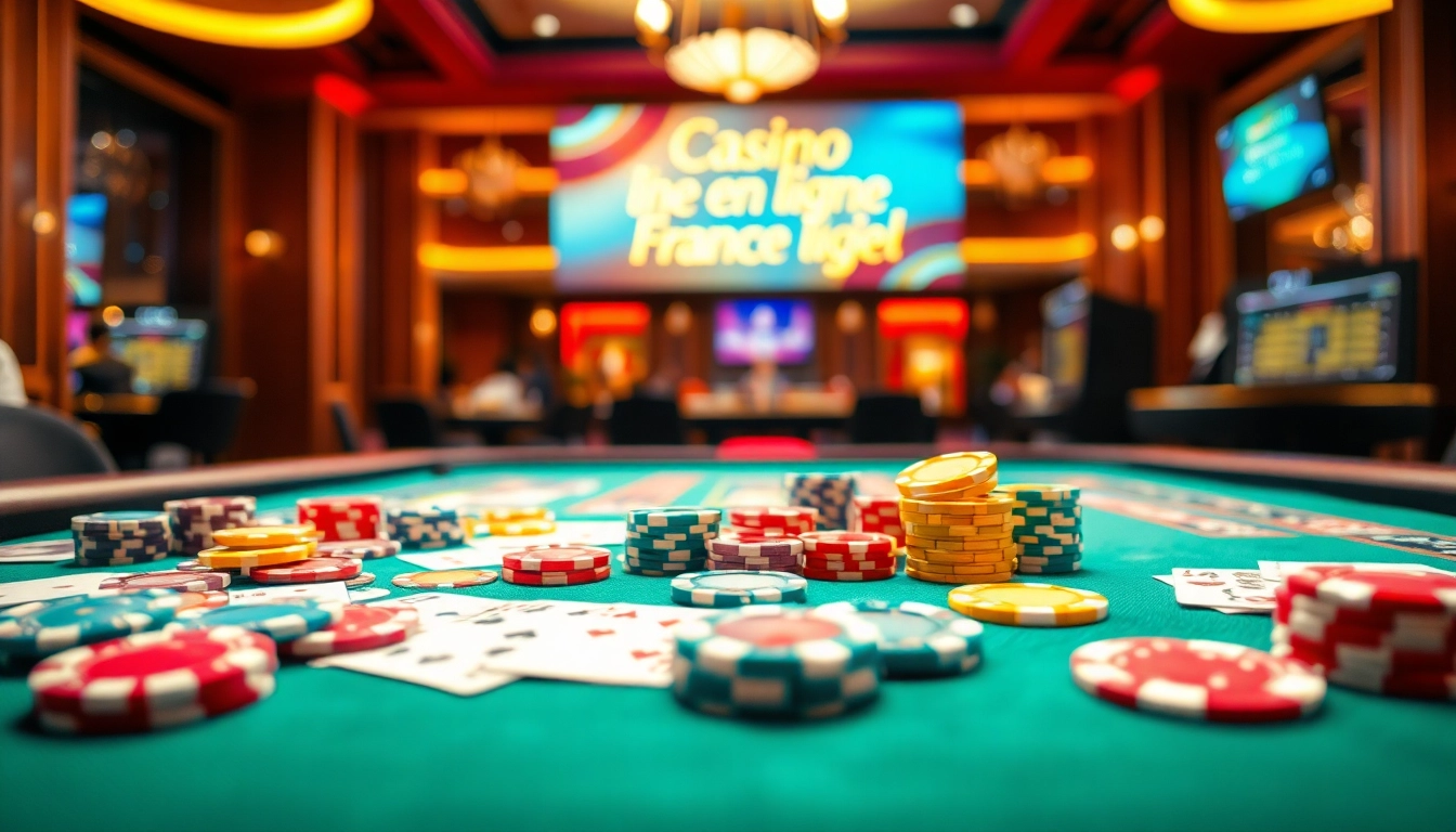 Vibrant scene of casino en ligne France légal with colorful chips and cards in an upscale setting.